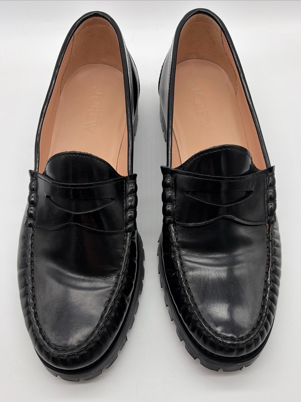J.Crew Winona Lug-Sole Penny Loafers Embossed Black Leather, Size 10.5, Like New